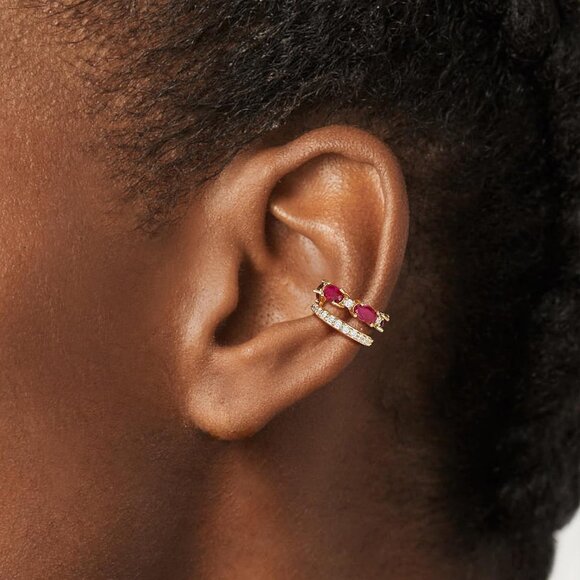 14K Gold Plated Red Zircon Diamond Turquoise Cuffs Non Piercing Earrings - Picture 2 of 7